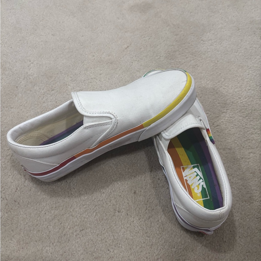 Vans Kids White Slip-On Sneakers with Colorful Stripes